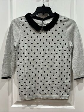 ELLE Grey Sweater Black Polka Dots Peter Pan Collar Sz M Mod 90s Retro Vibe